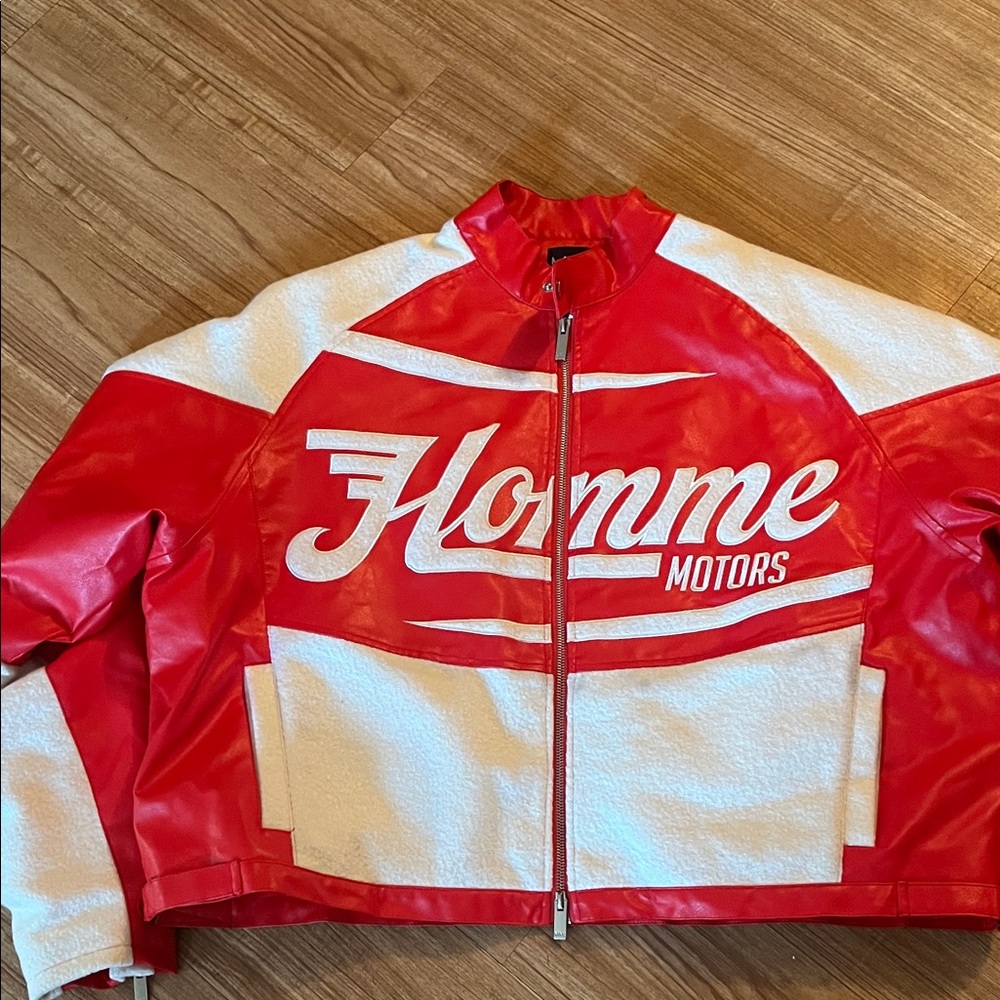 Red and White Homme Motors Jacket Boohoo MAN - Men’s Size Large